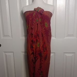 Bohemian Printed Swim Sarong - Rich Burgundy with Green Accents